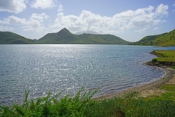 Landscape view of Basseterre Bay in the Caribbean Sea in the Christophe Harbour area in the island...
