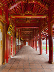 Vietnam Hue. Imperial Royal Palace of forbidden city complex. Thai Hoa Palace is one of the best preserved buildings left in the complex, with magnificent red and gold lacquered pillars