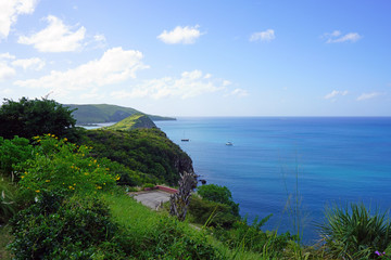 Landscape view of Basseterre Bay in the Caribbean Sea in the Christophe Harbour area in the island...