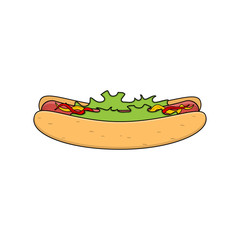 Vector hotdog with sausage, mustard, ketchup and salad. Isolated on white background.