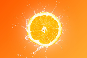 Fresh orange slice with water splash on orange background