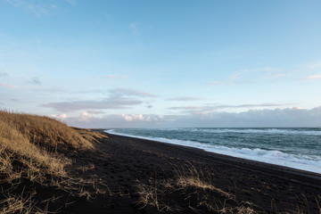 Iceland, Black sand beach with wave, sunset