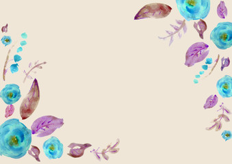 Painted watercolor composition with flowers and leaves. Frame of roses. Floral border. Can be used as invitation card for wedding, birthday, other holiday, summer background, poster, banner.