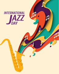 Fototapeta premium International Jazz Day - music paper cut style poster for jazz festival or night blues retro party with saxophone and notes. Vector paper craft vintage music background