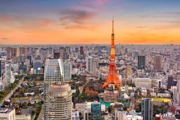 Foto op Canvas Tokyo, Japan cityscape and tower at dusk. © SeanPavonePhoto