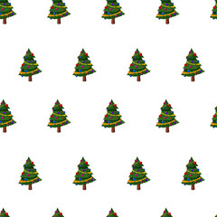 Christmas tree vector seamless pattern on a white background. Holiday illustration for paper, wallpaper, wrapping, package, and backdrop.