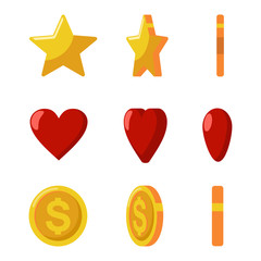 Gold coins, stars and red hearts flips. Vector game and web icons set isolated on a white background.