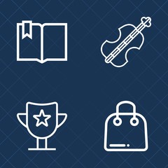 Premium set of outline vector icons. Such as white, music, paper, sound, gift, win, retail, bass, award, sign, library, sport, book, violoncello, reward, competition, concert, read, open, instrument