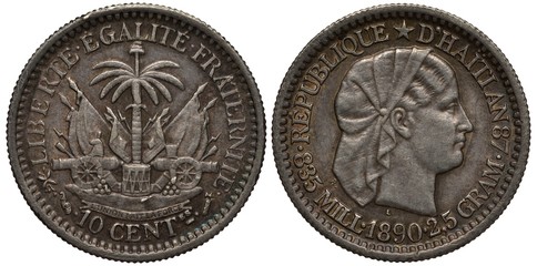 Haiti, Haitian silver coin 10 ten centimes 1890, inscriptions in French one centime, Haitian republic, palm tree with cannons and drum beneath, woman's head right