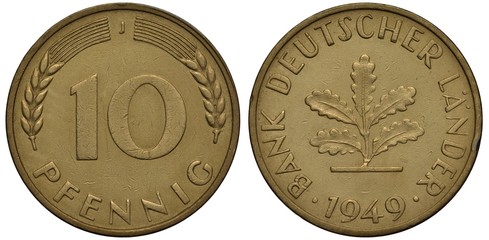 Germany German coin 10 pfennig 1949, oak leaves in center surrounded y country name, date below, ,...