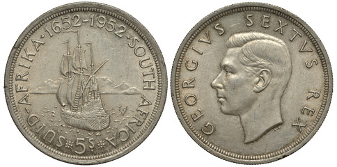 British South Africa coin five shillings 1952, sea, sailing ship in harbor, mountain behind, King George VI head left, silver,