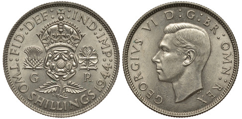 Great Britain, British coin two shillings 1944, crowned rose with thistle and clover at sides, head of King George VI left, silver,