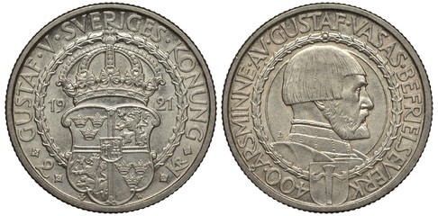 Sweden, Swedish coin two crowns 1921, crowned shield with smaller crowns an lions, circular...