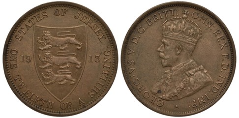 Jersey coin one twelfth of a shilling 1913, shield with three lions left, King Georg V head left, British Channel Islands, bronze,