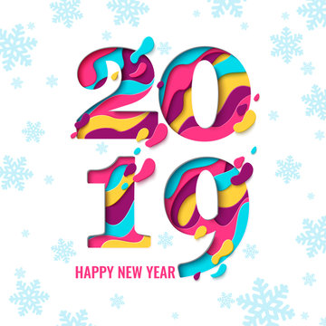 2019 Happy New Year paper craft holiday background with snowflakes pattern. Vector winter holiday greeting card with paper cut numbers 2019 design for seasonal flyers, banners, posters.