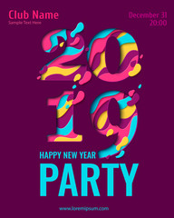 2019 Happy New Year paper craft holiday background. Vector winter holiday party invitation with paper cut numbers 2019 design for seasonal flyers, banners, posters.