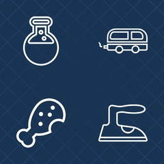 Premium set of outline vector icons. Such as laboratory, equipment, implant, home, domestic, snack, chicken, meat, science, technology, medicine, travel, dentistry, transport, medical, prosthesis, bus