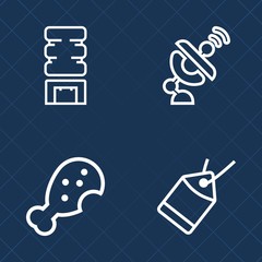 Premium set of outline vector icons. Such as technology, satellite, space, meat, picnic, sign, beer, solar, ice, restaurant, cold, blue, tag, summer, sale, drink, science, earth, plastic, dish, food