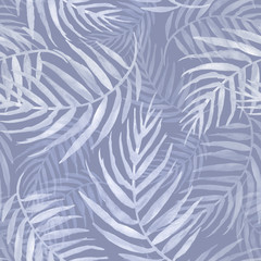 Seamless watercolor blue background from white tropical leaves, palm leaf, fern, floral pattern. Bright Rapport for Paper, Textile, Wallpaper, design. Tropical leaves watercolor. 