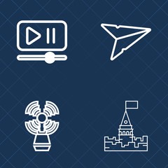 Premium set of outline vector icons. Such as play, searchlight, web, sign, coast, volume, button, signal, video, player, tower, medieval, navigation, building, mail, seamark, message, bar, fairytale