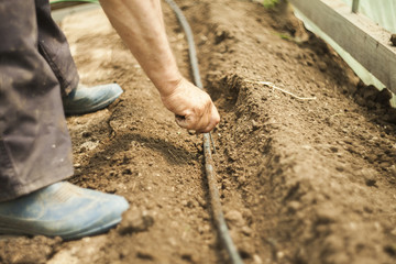 closeup of hand of worker in the field for irrigation