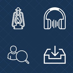 Premium set of outline vector icons. Such as sound, account, application, web, lamp, device, internet, headphone, earphones, equipment, laptop, music, old, computer, light, gas, technology, antique