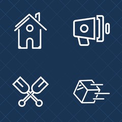 Premium set of outline vector icons. Such as estate, building, sound, alert, water, cargo, canoe, paddle, sea, shipping, speaker, message, real, announcement, exterior, bullhorn, voice, sport, oar