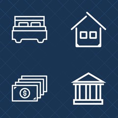 Premium set of outline vector icons. Such as residential, house, blue, bed, greek, pillow, double, furniture, bedroom, building, tourism, money, construction, finance, property, investment, home, sign