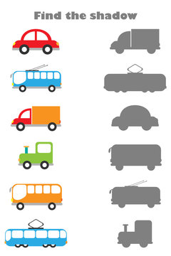 Find the shadow game with pictures of transport for children, education game for kids, preschool worksheet activity, task for the development of logical thinking, vector illustration