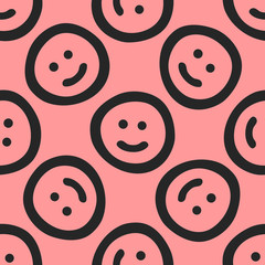 Repeated cute smileys drawn by hand. Funny seamless pattern. Sketch, doodle.
