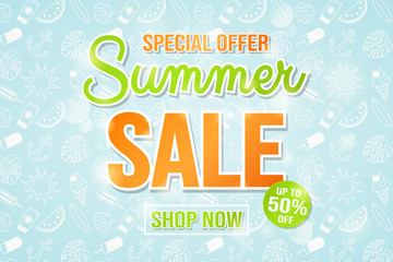 Naklejka premium Multicoloured background with hand drawn summer elements for Summer Sale. Vector.