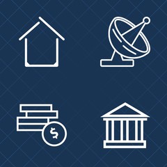 Premium set of outline vector icons. Such as network, blue, business, concept, equipment, cash, satellite, money, wealth, exterior, digital, banking, real, house, construction, communication, travel
