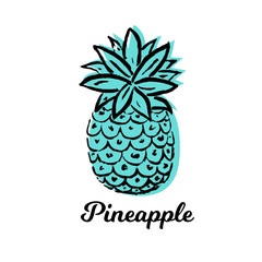 Vector Illustration. Summer pineapple. Tropical decorative fruit on waves green and blue background. Hand draw paint ananas with Juice Time