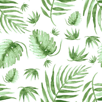 Seamless watercolor background from green tropical leaves, palm leaf, floral pattern. Bright Rapport for Paper, Textile, Wallpaper, design. Tropical leaves watercolor. 
