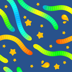 Jelly worms cartoon seamless pattern with stars and drops. Colorful elements. Vector illustration. Design for kids