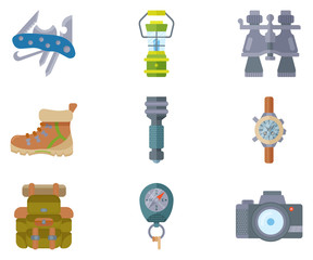 Hiking equipment and forest leasure vector icon set. Mountain hiking and trekking elements. Multitool, lantern, binocular, hiking boots, flashlight, backpack, compass and etc.
