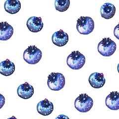 Seamless pattern with blueberries. Watercolor illustration.