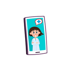 Remote medical assistance concept with female doctor advising patient on video on smartphone isolated on white background - flat cartoon vector illustration of medical mobile app.