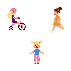 Child girls engaged in sports and active rest set isolated on white background. Happy smiling little female kids twirling hula hoop, riding bike and roller skating, cartoon vector illustration.