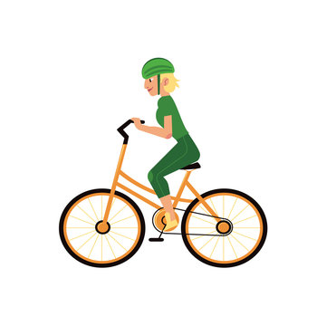 Young girl in helmet riding urban bicycle isolated on white background. Summer active leisure concept - cartoon female character with sports protection pedaling, vector illustration.