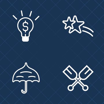 Premium set of outline vector icons. Such as rain, shiny, sea, sign, star, oar, protection, river, inspiration, boat, rowing, glitter, innovation, object, parasol, bulb, idea, open, creative, white