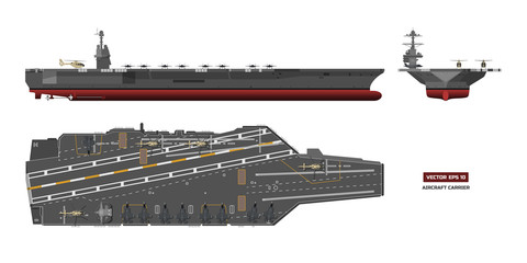 Fototapeta premium Detailed image of aircraft carrier. Military ship. Top, front and side view. Battleship model. Industrial drawing. Warship in flat style