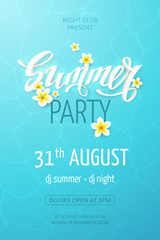 Vector template for posters and flyers for a Summer Party with the 3D text and realistic plumeria flowers on the water blue background.