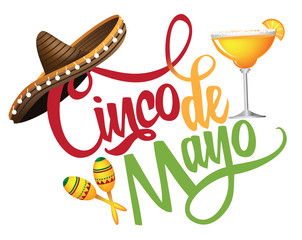 Cinco de Mayo hand drawn lettering with festive straw sombrero, maracas and margarita.  EPS10 vector illustration.
