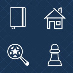 Premium set of outline vector icons. Such as housing, magnify, success, button, space, paper, estate, residential, property, web, chessboard, game, background, horse, home, blank, magnifier, challenge