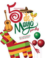 Cinco de Mayo hand drawn lettering with festive straw sombrero party background.  EPS10 vector illustration.