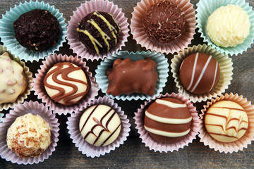 a lot of variety chocolate pralines, belgian confectionery gourmet chocolate.