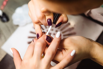 Obraz na płótnie Canvas Woman hands in a nail salon receiving a manicure. Close up, selective focus. Top view