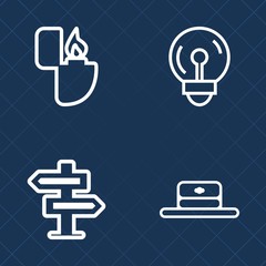 Fototapeta premium Premium set of outline vector icons. Such as lock, flammable, hat, hotel, dont, flame, innovation, fashion, tobacco, cigarette, illumination, handle, sign, lamp, plastic, closed, hanger, lightbulb