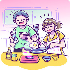 Vector illustration of happy man and woman cooking hearted shape fried egg together in the kitchen